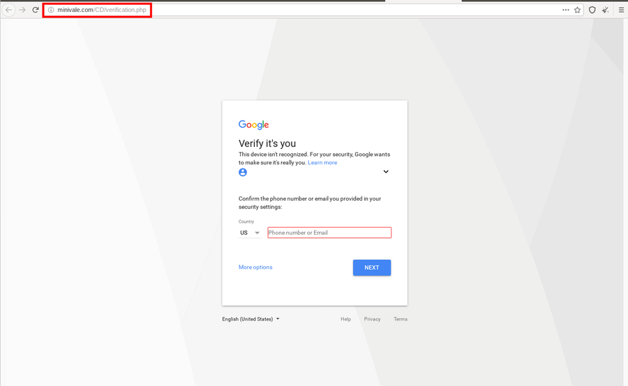 An evil twin website imitating Google's identity verification page